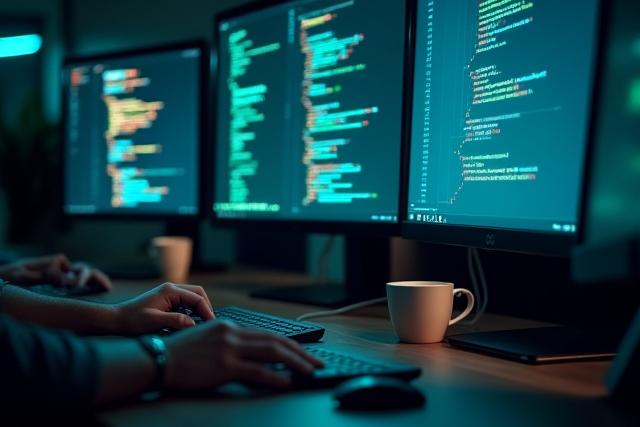 Developers collaborating on custom software code on multiple screens